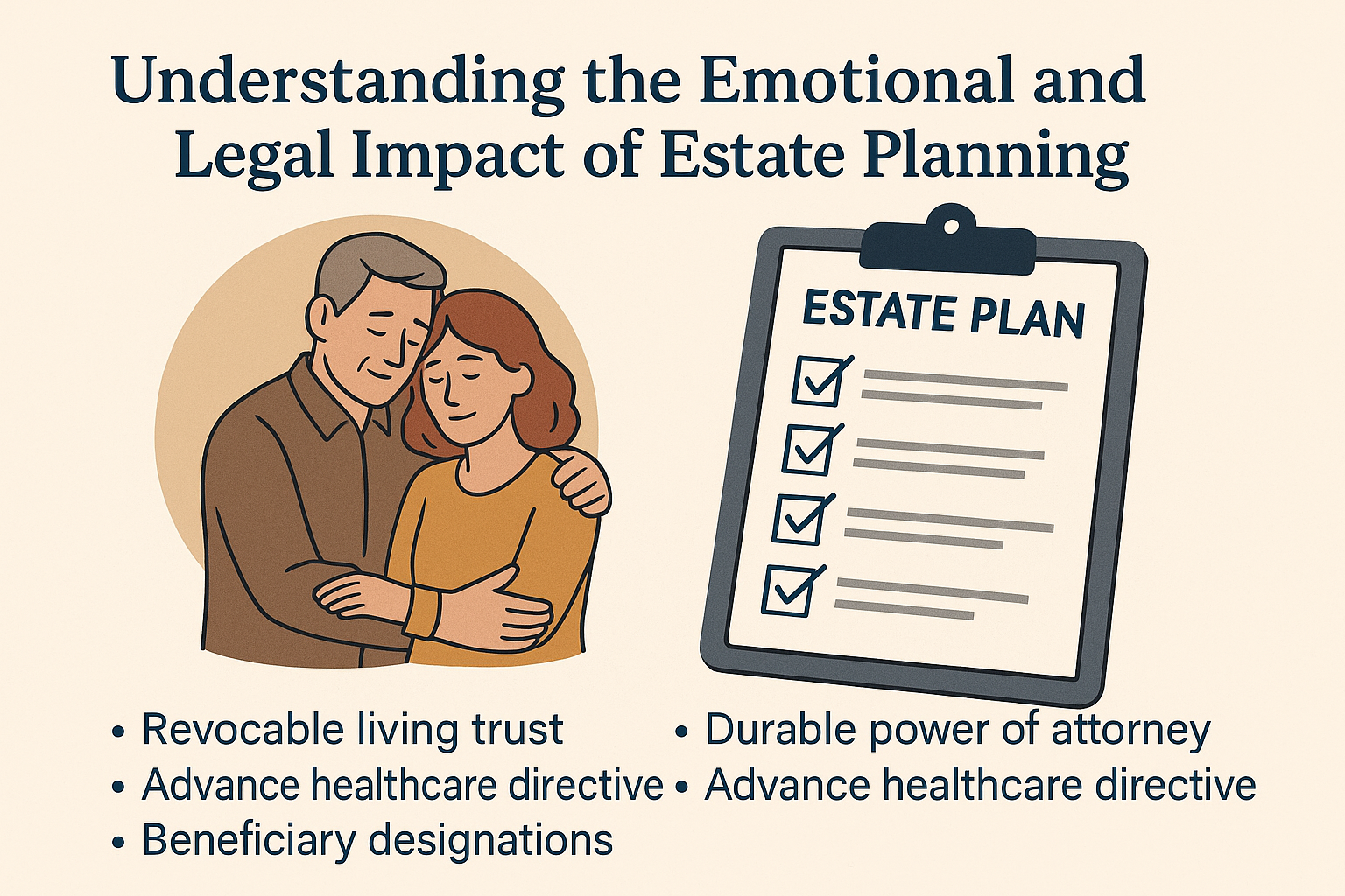 A 2D digital infographic titled 'Understanding the Emotional and Legal Impact of Estate Planning.' On the left, a middle-aged couple embraces warmly, symbolizing care and peace of mind. On the right, a clipboard labeled 'Estate Plan' displays a checklist with items marked completed. Below are bullet points listing key documents: Revocable living trust, Advance healthcare directive, Beneficiary designations, Durable power of attorney. The background uses calming neutral tones with blue accents.