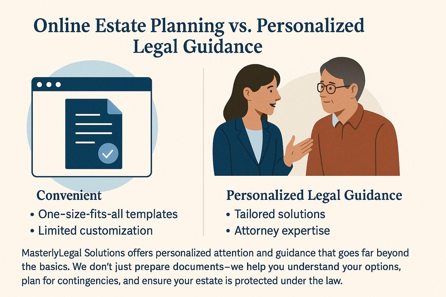 A 2D digital infographic titled 'Online Estate Planning vs. Personalized Legal Guidance.' The left side shows a blue web browser icon with a document and checkmark, representing 'Online Estate Planning' with bullet points reading 'Convenient,' 'One-size-fits-all templates,' and 'Limited customization.' The right side features an illustration of a female attorney speaking with a male client, labeled 'Personalized Legal Guidance' with bullet points: 'Tailored solutions' and 'Attorney expertise.' A caption at the bottom emphasizes Masterly Legal Solutions' commitment to personalized attention and legal protection.