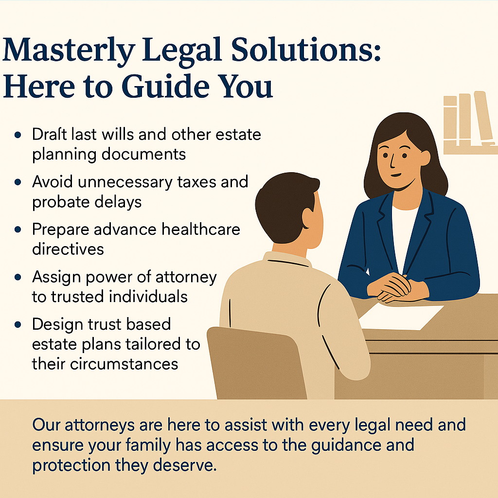 A 2D digital graphic titled 'Masterly Legal Solutions: Here to Guide You.' On the left, a bulleted list highlights five estate planning services: drafting wills, avoiding taxes and probate delays, preparing healthcare directives, assigning power of attorney, and designing trust-based plans. On the right, an illustration shows a female attorney in a navy blazer speaking with a seated male client in an office setting. At the bottom, a beige banner states the firm's commitment to providing legal guidance and protection for families.