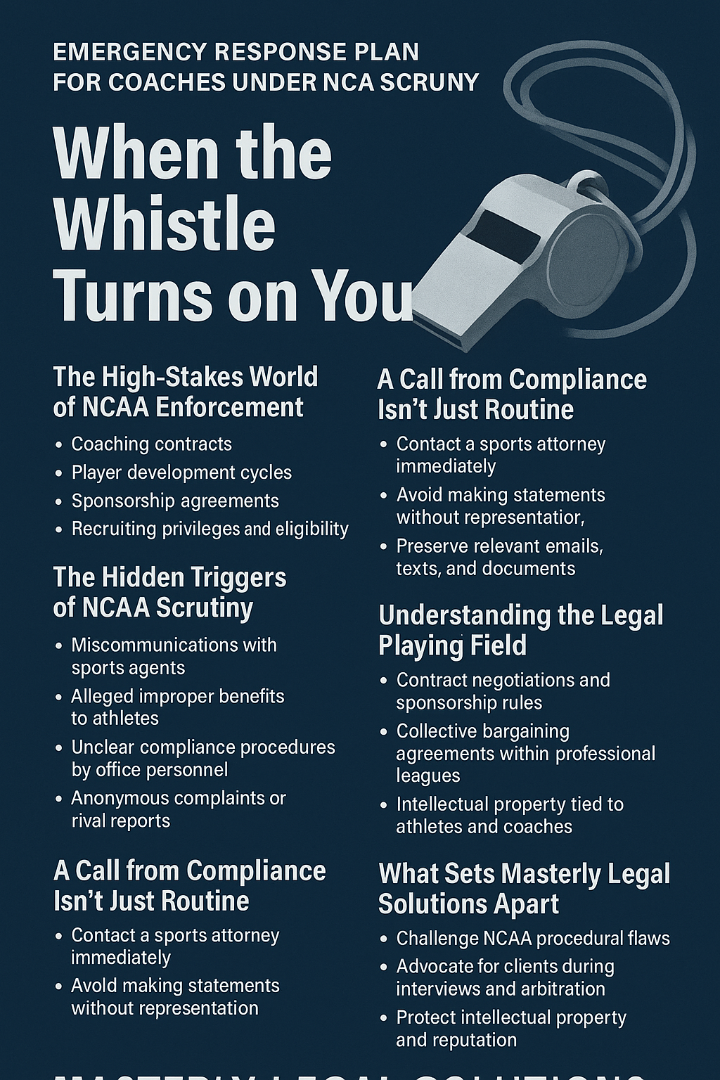 Informational graphic titled “Emergency Response Plan for Coaches Under NCAA Scrutiny: When the Whistle Turns on You” by Masterly Legal Solutions. It features a large whistle illustration and bullet-pointed sections on a dark blue background. Sections include: “The High-Stakes World of NCAA Enforcement,” “The Hidden Triggers of NCAA Scrutiny,” “A Call from Compliance Isn’t Just Routine,” “Understanding the Legal Playing Field,” and “What Sets Masterly Legal Solutions Apart.” Each section outlines risks coaches face during NCAA investigations and immediate legal steps to take.