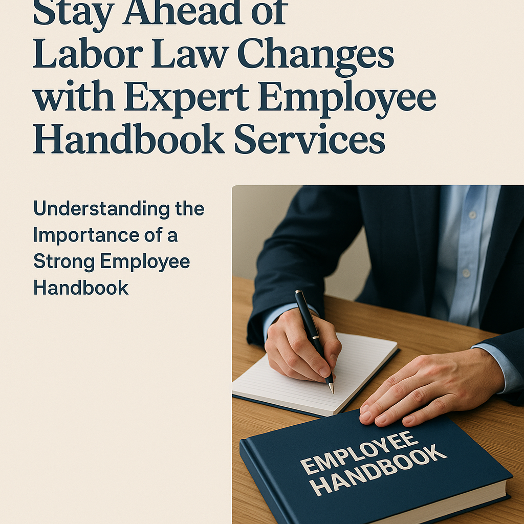 Business professional writing in a notepad next to an employee handbook on a wooden desk, accompanied by the headline ‘Stay Ahead of Labor Law Changes with Expert Employee Handbook Services’ and subheading ‘Understanding the Importance of a Strong Employee Handbook’ on a light beige background.