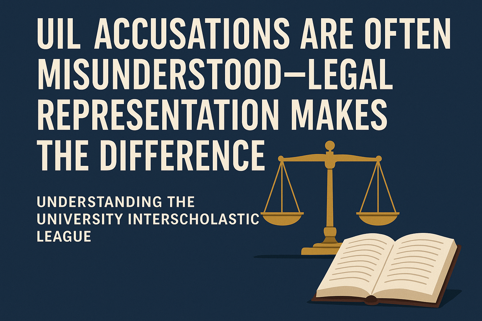 A bold headline on a dark blue background reads 'UIL Accusations Are Often Misunderstood—Legal Representation Makes the Difference.' Below, a subheading says 'Understanding the University Interscholastic League.' To the right, a gold balance scale and an open book symbolize justice and legal guidance.