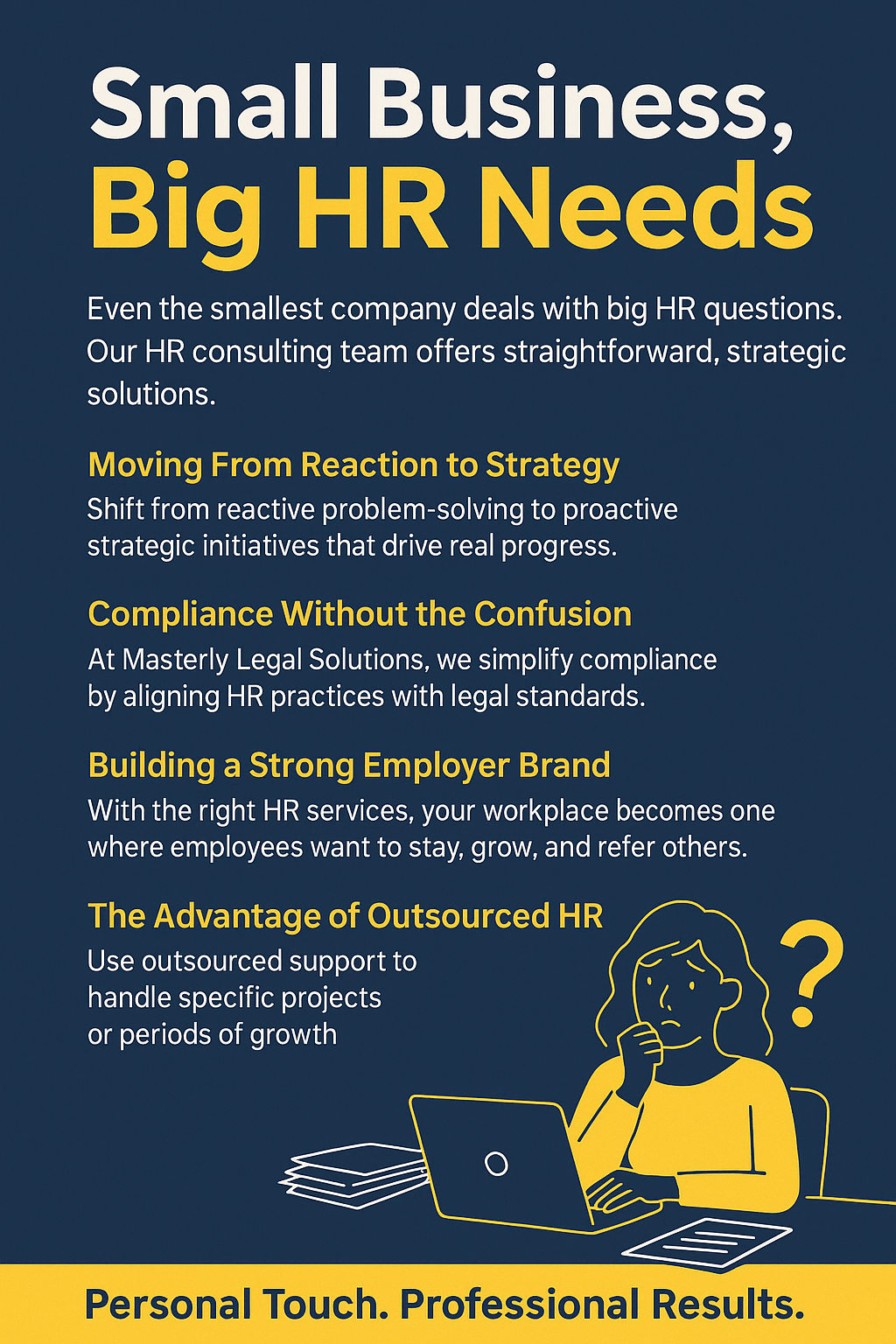 Infographic with a dark blue background and bold white and yellow text titled 'Small Business, Big HR Needs.' It outlines five key HR consulting benefits: moving from reaction to strategy, compliance without confusion, building a strong employer brand, the advantage of outsourced HR, and personalized support. At the bottom right, a yellow line illustration shows a woman looking puzzled at a laptop, symbolizing HR challenges, with the footer reading 'Personal Touch. Professional Results.