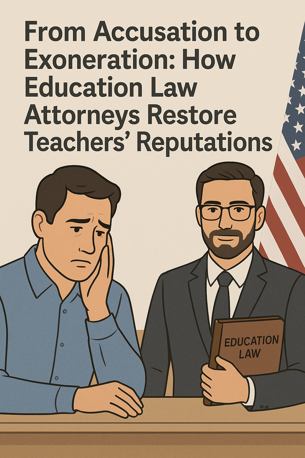 An illustration of a concerned teacher sitting beside a confident education law attorney holding a book labeled “Education Law.” The two are seated at a desk with an American flag in the background, symbolizing justice, guidance, and legal support for educators.