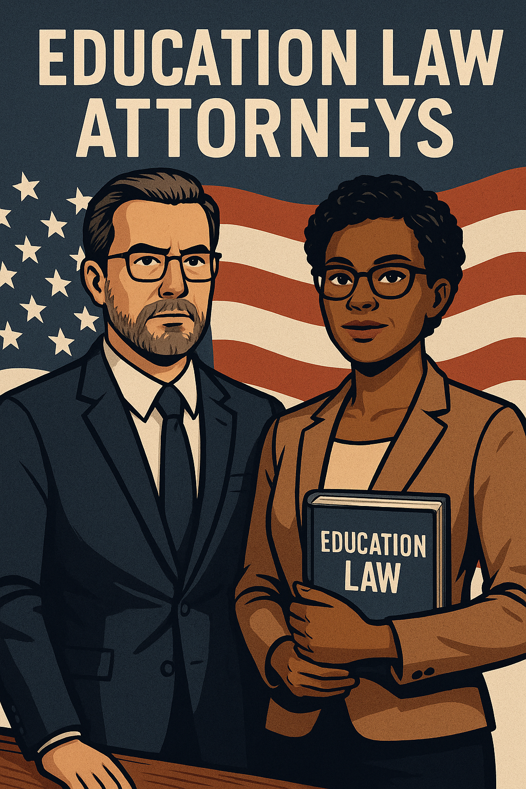 An illustration of two professional education law attorneys standing confidently in front of an American flag. The male attorney wears a dark suit and tie, while the female attorney, holding a book labeled “Education Law,” wears a tan blazer and glasses. Both display serious, determined expressions, symbolizing justice, advocacy, and protection for teachers and school leaders.