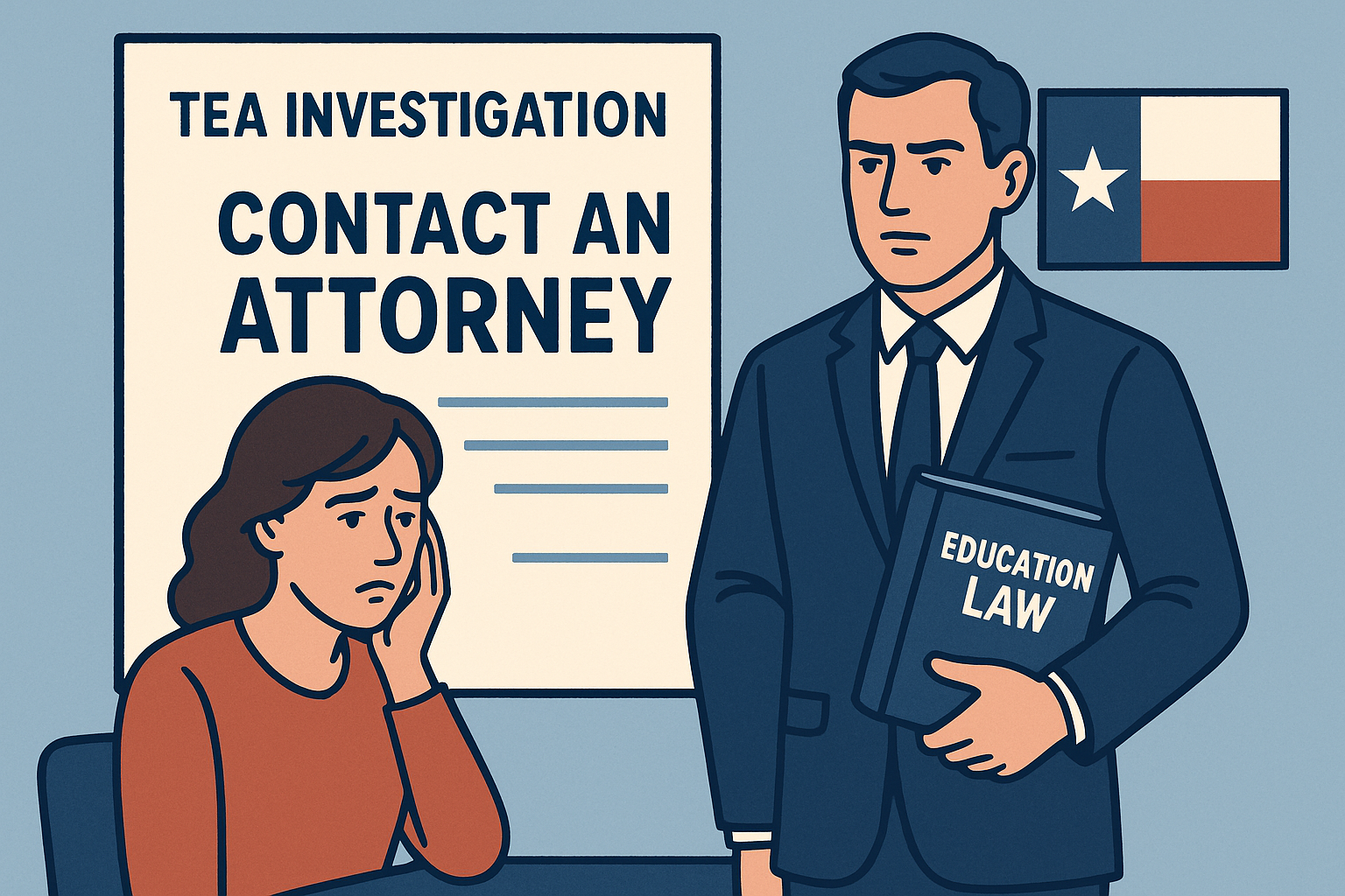 An illustration of a concerned female teacher sitting beside a serious male attorney holding a book labeled “Education Law.” Behind them, a large poster reads “TEA Investigation – Contact an Attorney,” and the Texas flag appears on the wall. The scene conveys urgency, professionalism, and the importance of seeking immediate legal help during a TEA investigation.