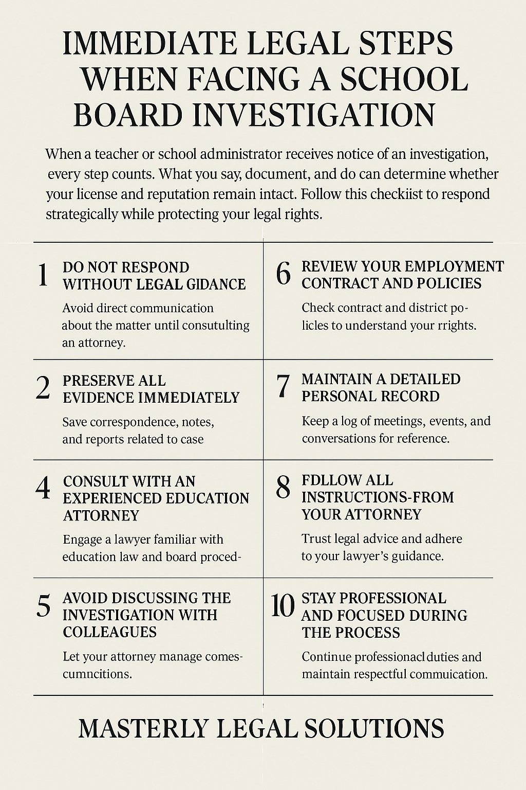 Immediate Legal Steps When Facing a School Board Investigation” by Masterly Legal Solutions. The design features a beige background with black text outlining ten key steps for teachers and administrators under investigation. Steps include seeking legal guidance, preserving evidence, consulting an education attorney, avoiding discussions with colleagues, reviewing contracts, maintaining records, following attorney instructions, and staying professional. The layout is clean, organized in two columns, and concludes with the firm’s name at the bottom, conveying professionalism and trust.
