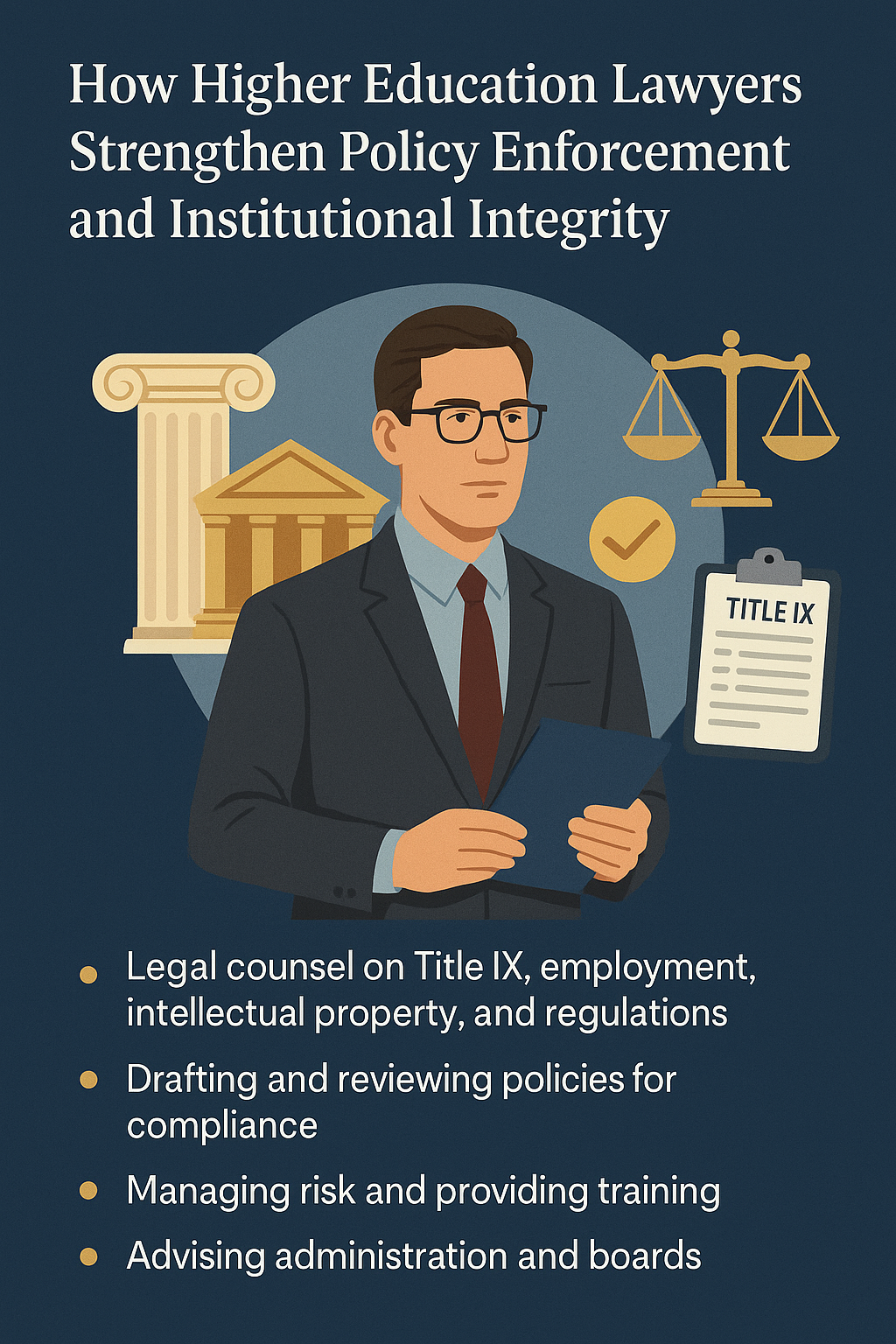 A professional illustration of a higher education lawyer in a suit holding legal documents, standing before symbols of justice, a courthouse column, and a Title IX clipboard. The infographic highlights key responsibilities such as providing legal counsel, drafting policies, managing risk, and advising university leadership. The design uses a blue and gold color scheme to convey professionalism and integrity.