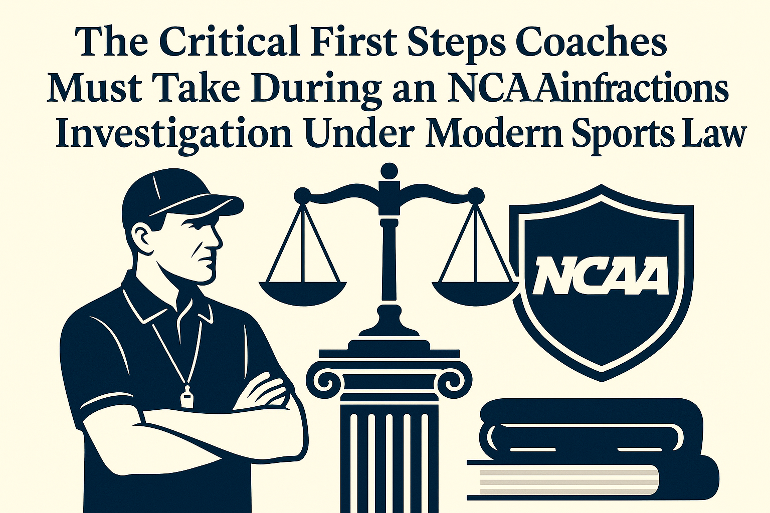 Illustration for an NCAA infractions investigation article featuring a coach with folded arms, the scales of justice on a classical column, the NCAA shield logo, and law books, all in a navy blue and cream color scheme.
