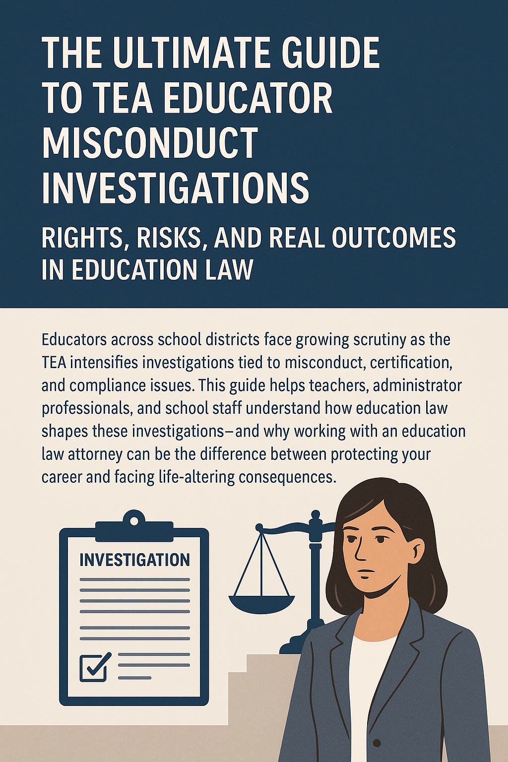 How Education Law Attorneys Build a Strong Defense Against TEA Certificate Suspension.” The top half shows bold white text on a dark blue background. Below, an illustration of a male attorney in a suit holding documents appears next to justice scales and two large clipboards labeled “Suspension” and “Defense.” A short paragraph explains how TEA certificate suspensions can affect an educator’s career and why legal representation is essential.
