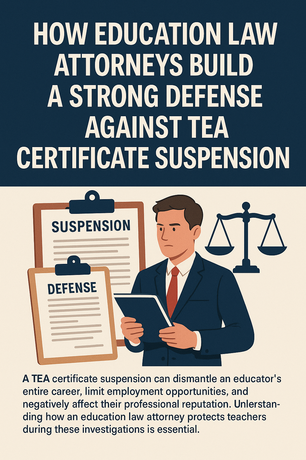 The Ultimate Guide to TEA Educator Misconduct Investigations: Rights, Risks, and Real Outcomes in Education Law.” The top section features bold white text on a dark blue background. Below, a beige background displays a summary about TEA investigations and their impact on educators. An illustration shows a female educator standing beside a clipboard labeled “Investigation” and a scale of justice, symbolizing legal oversight and educator rights.