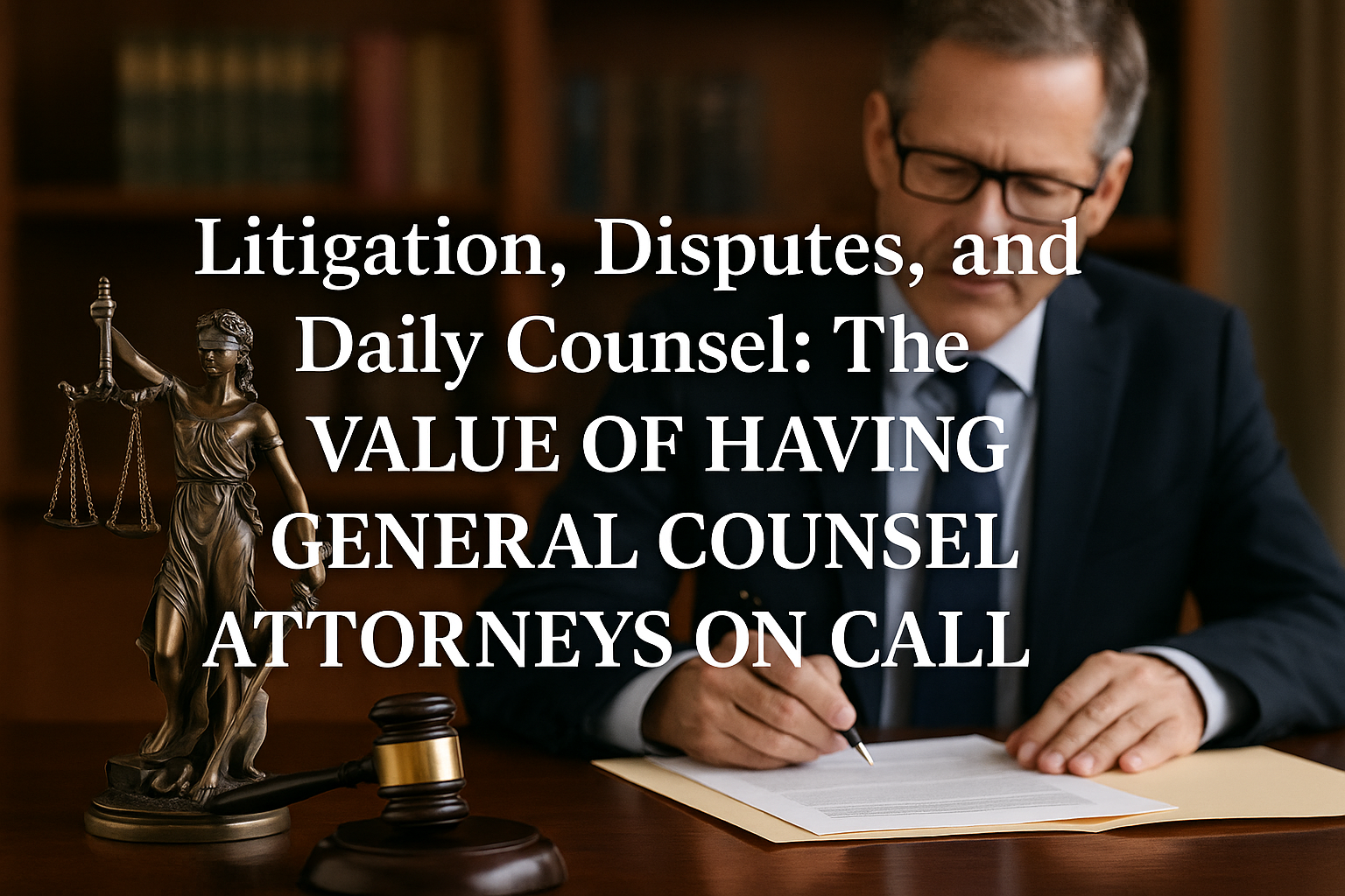 Attorney sitting at a desk reviewing legal documents with a Lady Justice statue and judge’s gavel in the foreground, overlaid with the title “Litigation, Disputes, and Daily Counsel: The Value of Having General Counsel Attorneys on Call.