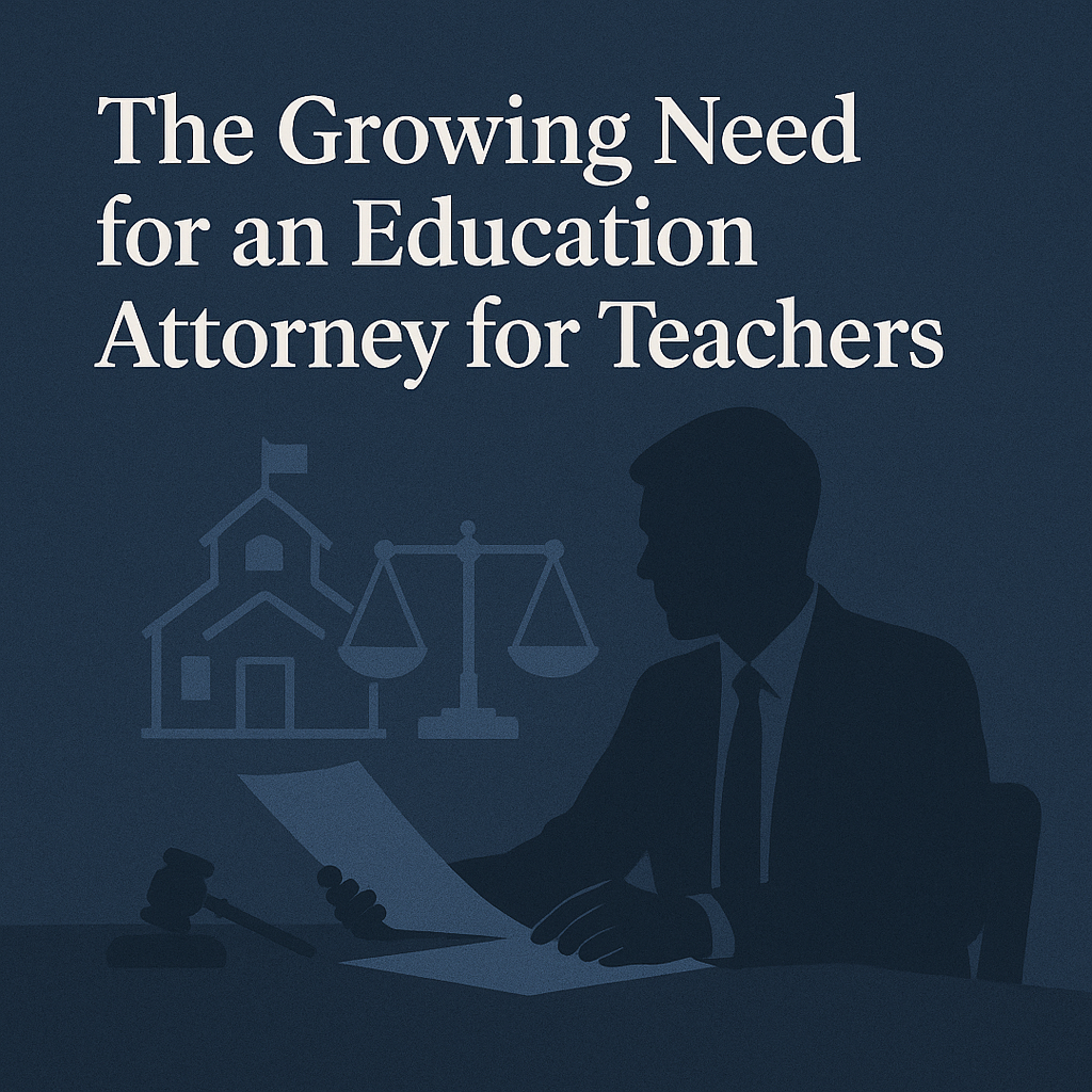 The Growing Need for an Education Attorney for Teachers” with a silhouette of an attorney reviewing documents, alongside subtle icons of a school building, scales of justice, and a gavel representing education law and teacher protection.