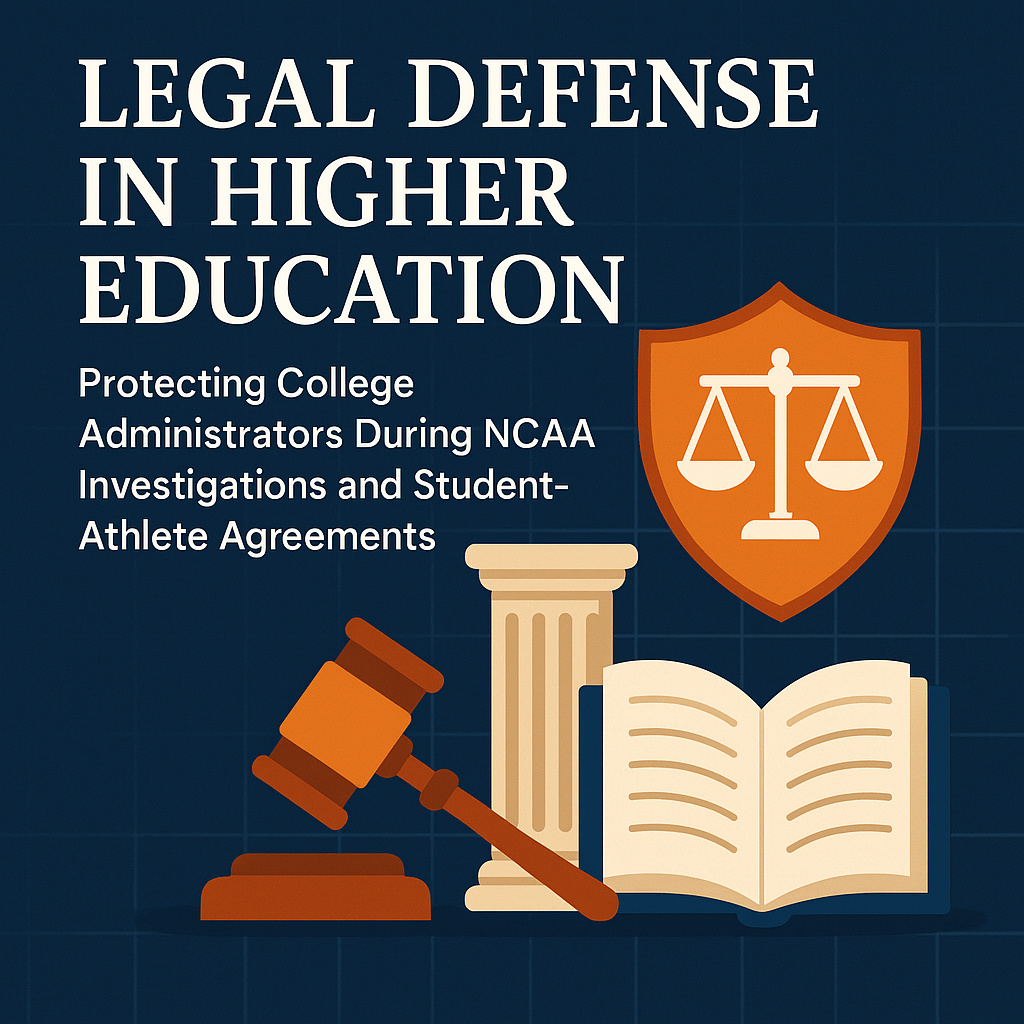 Digital graphic with the title ‘Legal Defense in Higher Education’ and subtitle ‘Protecting College Administrators During NCAA Investigations and Student-Athlete Agreements.’ The design features legal-themed icons including a gavel, a courthouse column, an open book, and a shield with balanced scales, all set against a navy blue background.