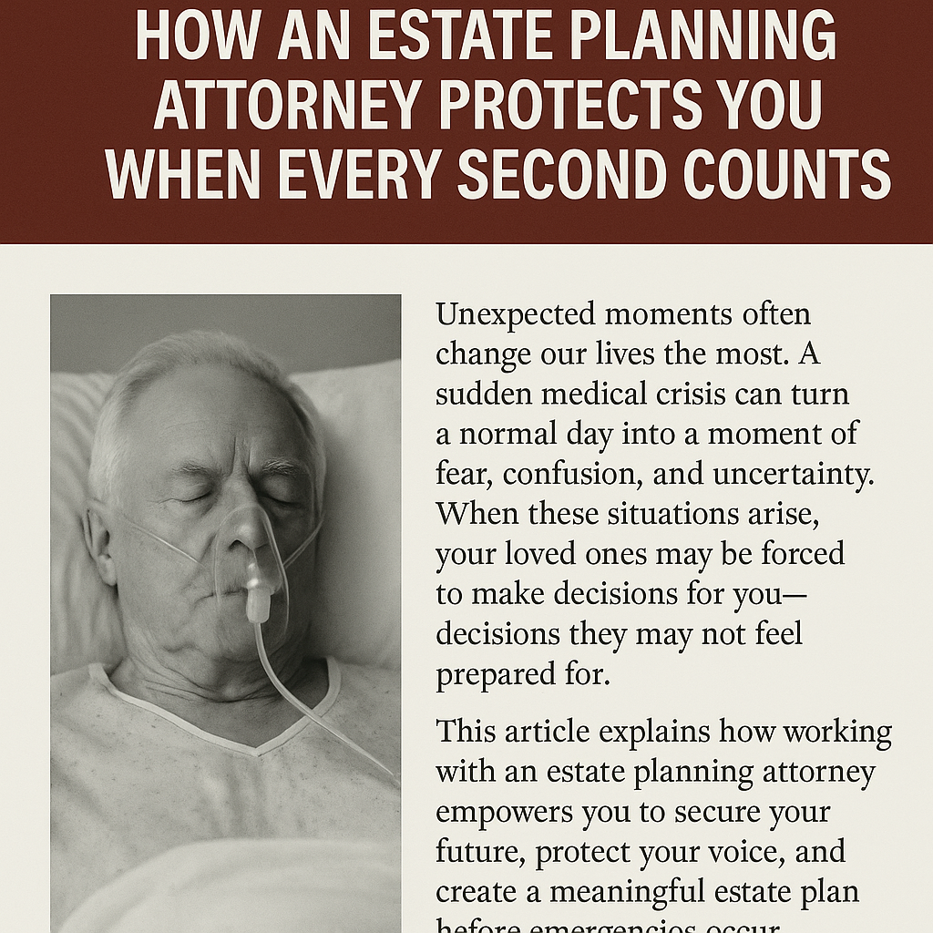 A digital informational graphic with a bold headline reading ‘How an Estate Planning Attorney Protects You When Every Second Counts.’ Below the heading, there is a grayscale photo of an elderly man lying in a hospital bed wearing an oxygen mask. To the right of the photo, text explains how sudden medical crises create fear and uncertainty, and emphasizes the importance of having an estate planning attorney to secure future medical decisions. The design uses a dark red header and a clean, professional layout.