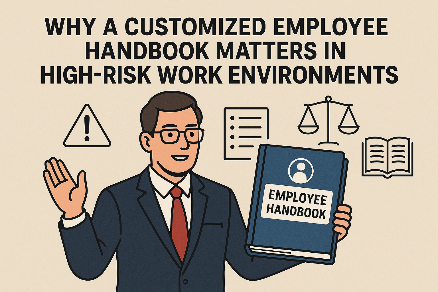 A professional illustrated graphic showing a suited HR professional holding an “Employee Handbook.” Surrounding the character are icons representing safety warnings, legal scales, documentation, and an open book. The headline reads: “Why a Customized Employee Handbook Matters in High-Risk Work Environments.