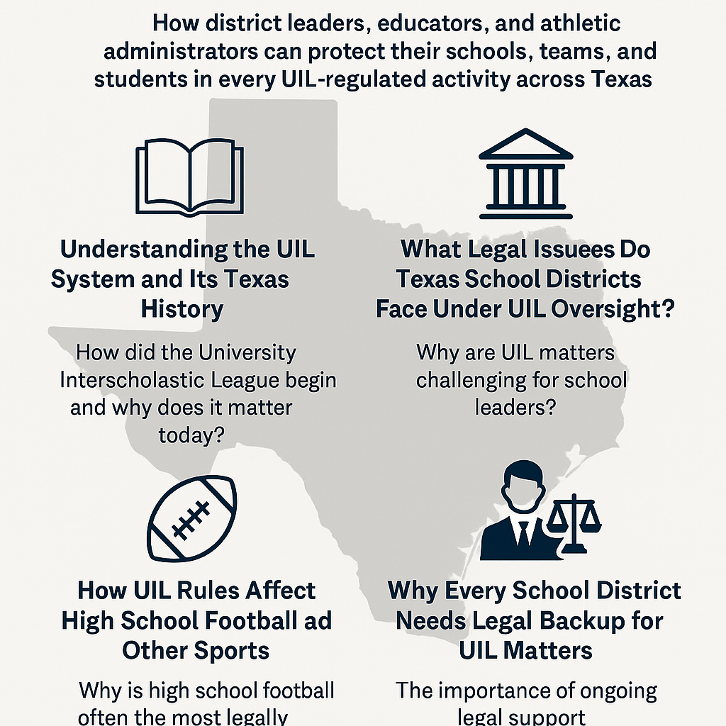 How district leaders, educators, and athletic administrators can protect their schools, teams, and students in every UIL-regulated activity across Texas.” Four sections are arranged around the Texas shape, each with a navy-blue icon and bold title. Top left: an open-book icon with the title “Understanding the UIL System and Its Texas History,” followed by the question “How did the University Interscholastic League begin and why does it matter today?” Top right: a courthouse icon with the title “What Legal Issues Do Texas School Districts Face Under UIL Oversight?” and text on why UIL matters are challenging. Bottom left: a football icon with the heading “How UIL Rules Affect High School Football and Other Sports,” with a question about legal sensitivity in football. Bottom right: an icon of a person in a suit beside justice scales with the heading “Why Every School District Needs Legal Backup for UIL Matters,” noting the importance of ongoing legal support.