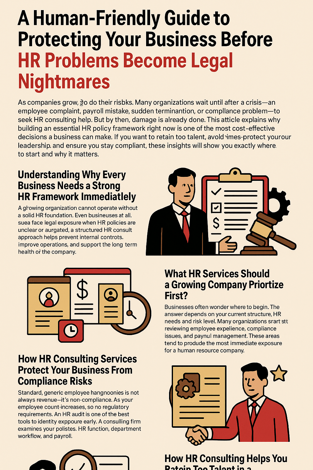 The design includes illustrated business professionals, HR documents, checklists, and icons related to compliance, payroll, and policy development. The infographic summarizes key sections such as the need for a strong HR framework, priority HR services for growing companies, how HR consulting prevents compliance risks, and how HR support improves retention and performance. Visual elements feature clip-art style graphics in red, beige, and black tones representing HR policies, audits, and employee records.