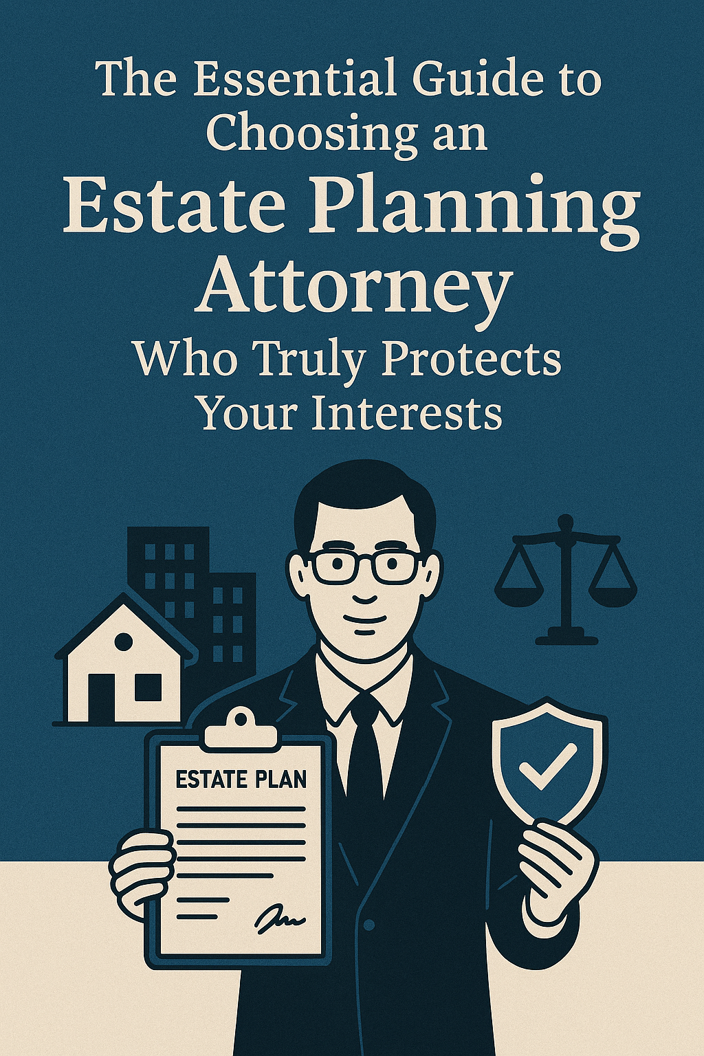 The Essential Guide to Choosing an Estate Planning Attorney Who Truly Protects Your Interests.” It features a professional-looking attorney in a suit holding an “Estate Plan