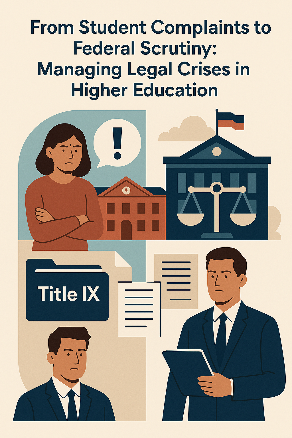Illustration of a student, attorney, and government building symbolizing legal issues and Title IX compliance in higher education.