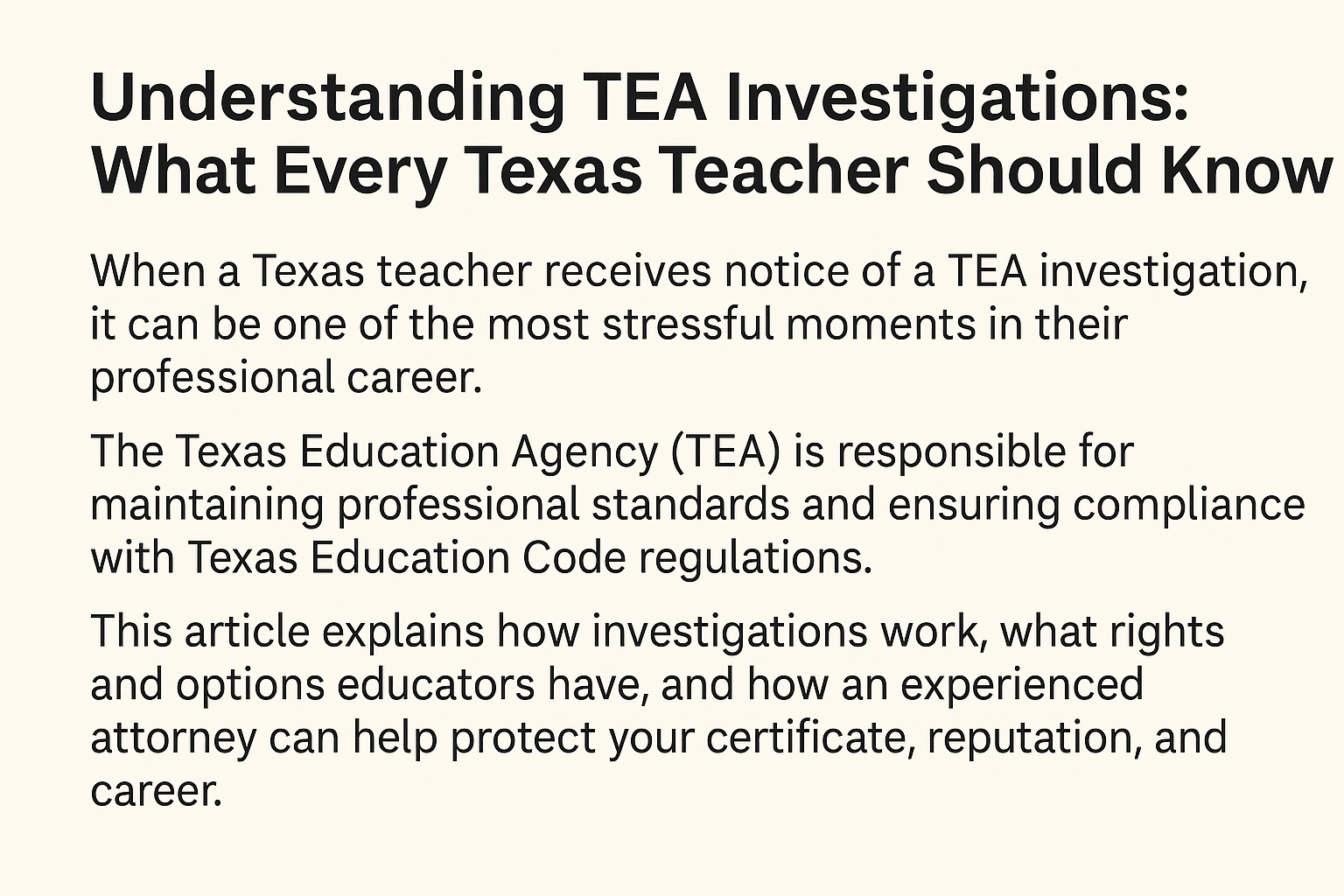 Texas teacher consulting with an attorney about a TEA investigation, surrounded by legal documents, certification papers, and the Texas Education Agency logo.