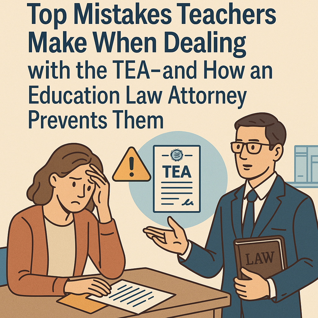 An illustrated graphic shows a worried teacher sitting at a desk with documents labeled “TEA,” while an education law attorney holding a law book offers guidance. The title reads, “Top Mistakes Teachers Make When Dealing with the TEA—and How an Education Law Attorney Prevents Them.