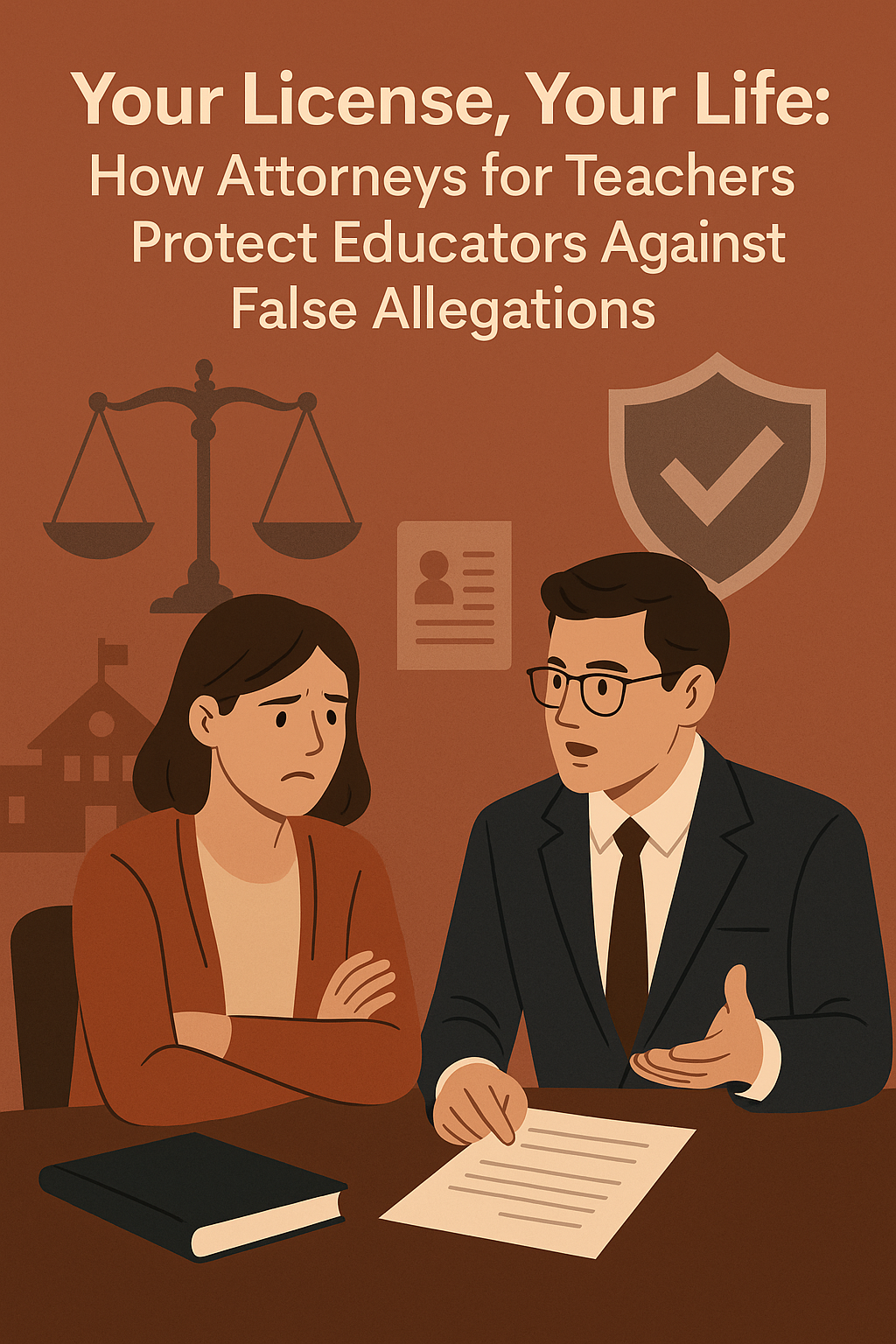 The background includes symbols of justice—a scale, a shield with a checkmark, and a school building silhouette. The title reads, “Your License, Your Life: How Attorneys for Teachers Protect Educators Against False Allegations.