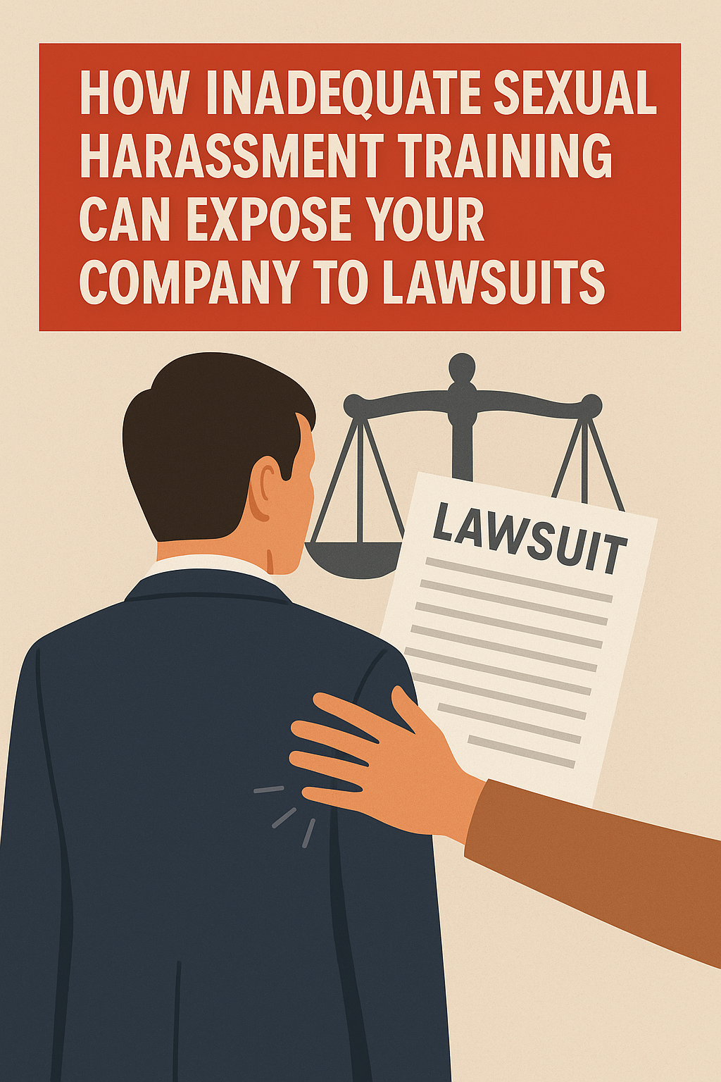 Behind him are scales of justice and a large document labeled “Lawsuit.” The headline reads “How Inadequate Sexual Harassment Training Can Expose Your Company to Lawsuits,” emphasizing the legal risks of poor training compliance.
