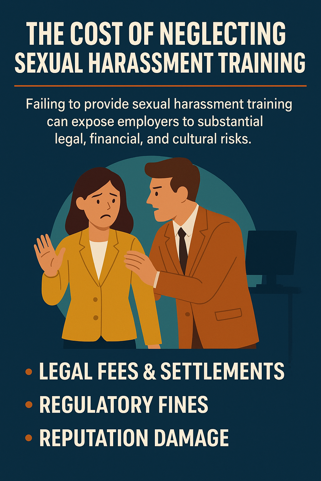 An illustration showing a worried female employee raising her hand defensively as a male coworker leans too close in an office setting. The text reads: “The Cost of Neglecting Sexual Harassment Training – Failing to provide sexual harassment training can expose employers to substantial legal, financial, and cultural risks,” followed by bullet points listing “Legal fees & settlements,” “Regulatory fines,” and “Reputation damage.