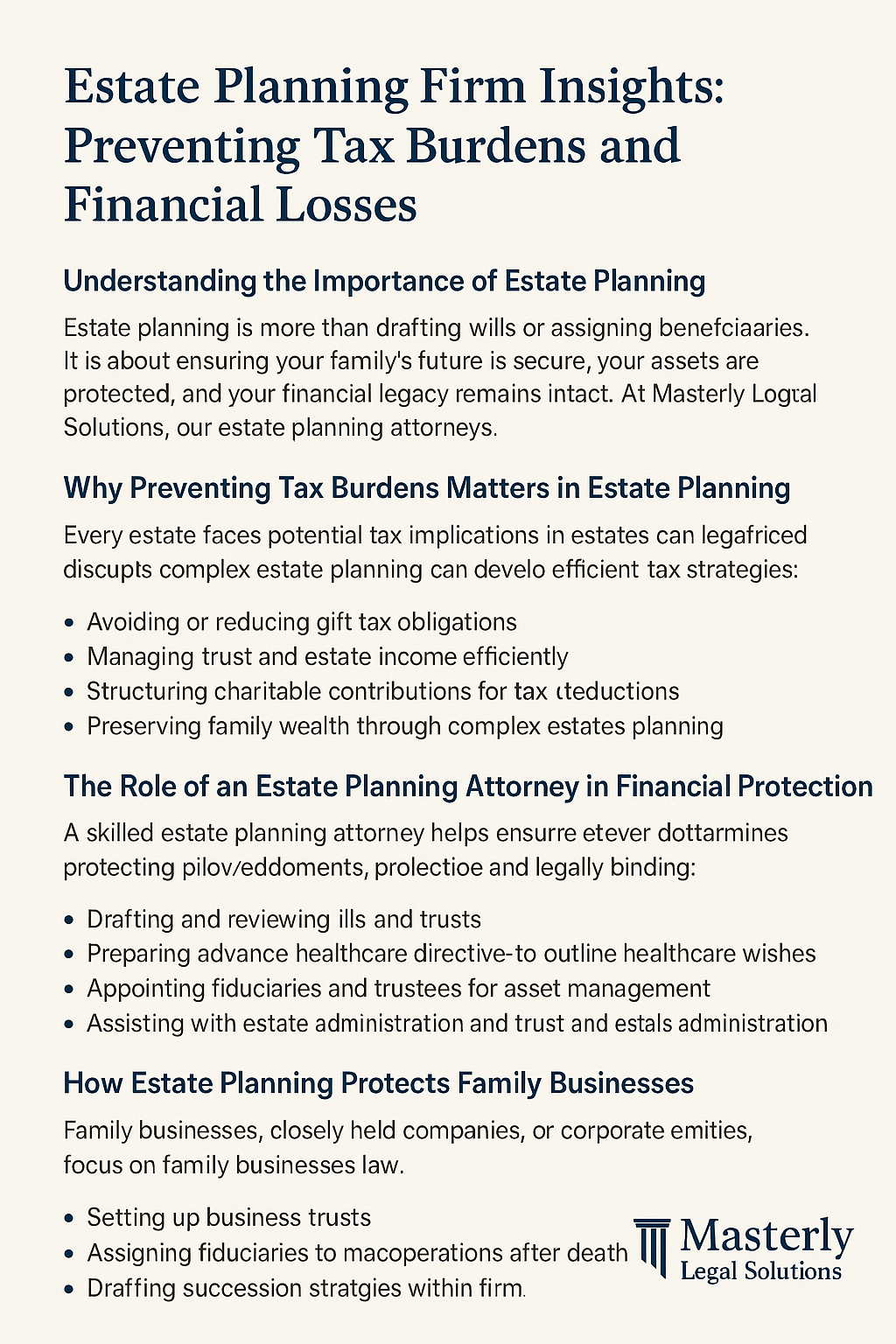 Estate Planning Firm Insights: Preventing Tax Burdens and Financial Losses.’ The design features navy blue and cream colors with organized text sections explaining estate planning, tax burden prevention, attorney roles, and family business protection. Includes bullet points and the Masterly Legal Solutions logo at the bottom right.