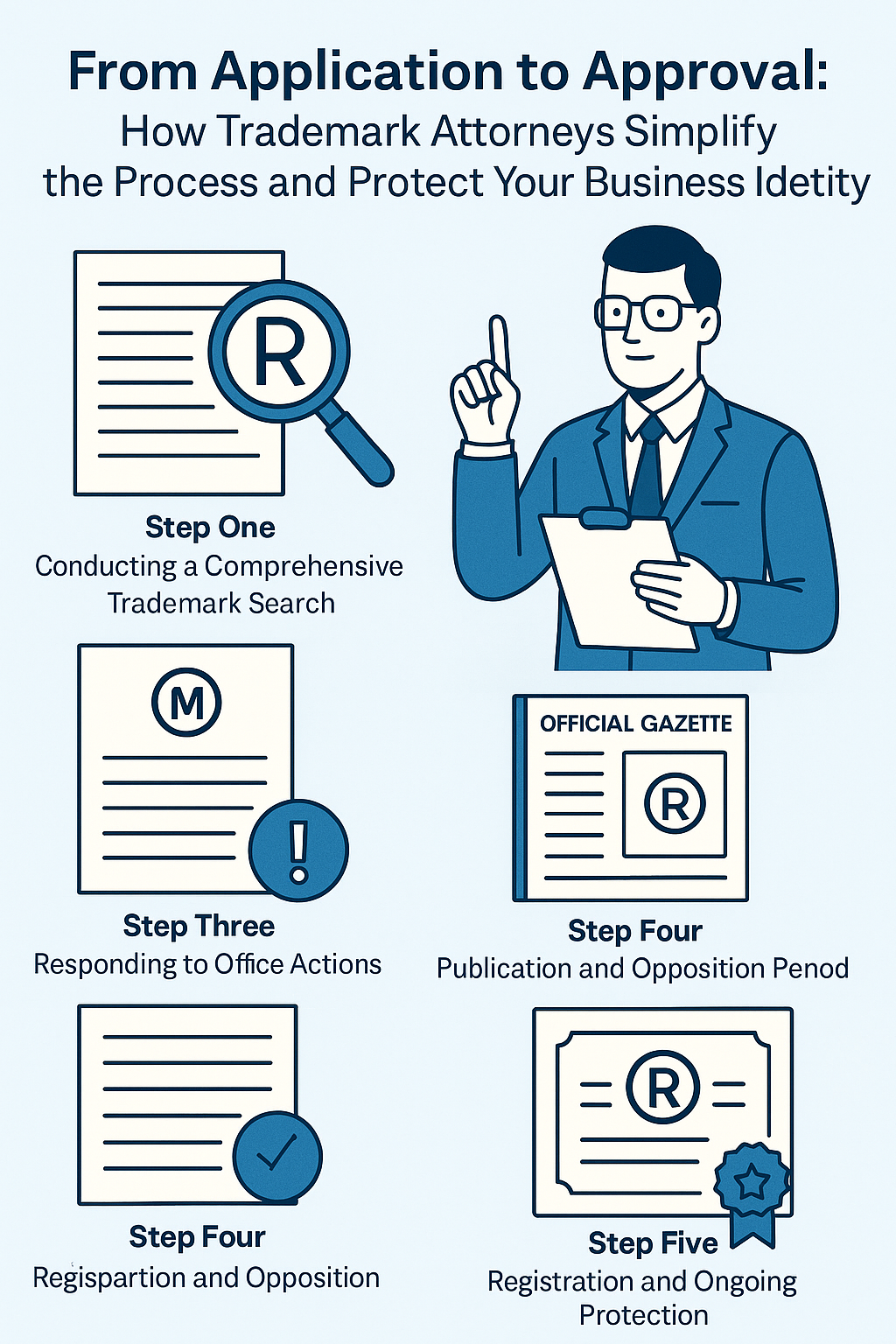 From Application to Approval: How Trademark Attorneys Simplify the Process and Protect Your Business Identity.” It visually outlines five steps in the trademark process with icons and text: Step One—Conducting a Comprehensive Trademark Search; Step Three—Responding to Office Actions; Step Four—Publication and Opposition Period; Step Four (duplicate)—Registration and Opposition; Step Five—Registration and Ongoing Protection. A professional attorney illustration appears beside the title, symbolizing legal guidance. The design uses blue tones, simple line art, and clean typography to convey professionalism and clarity.