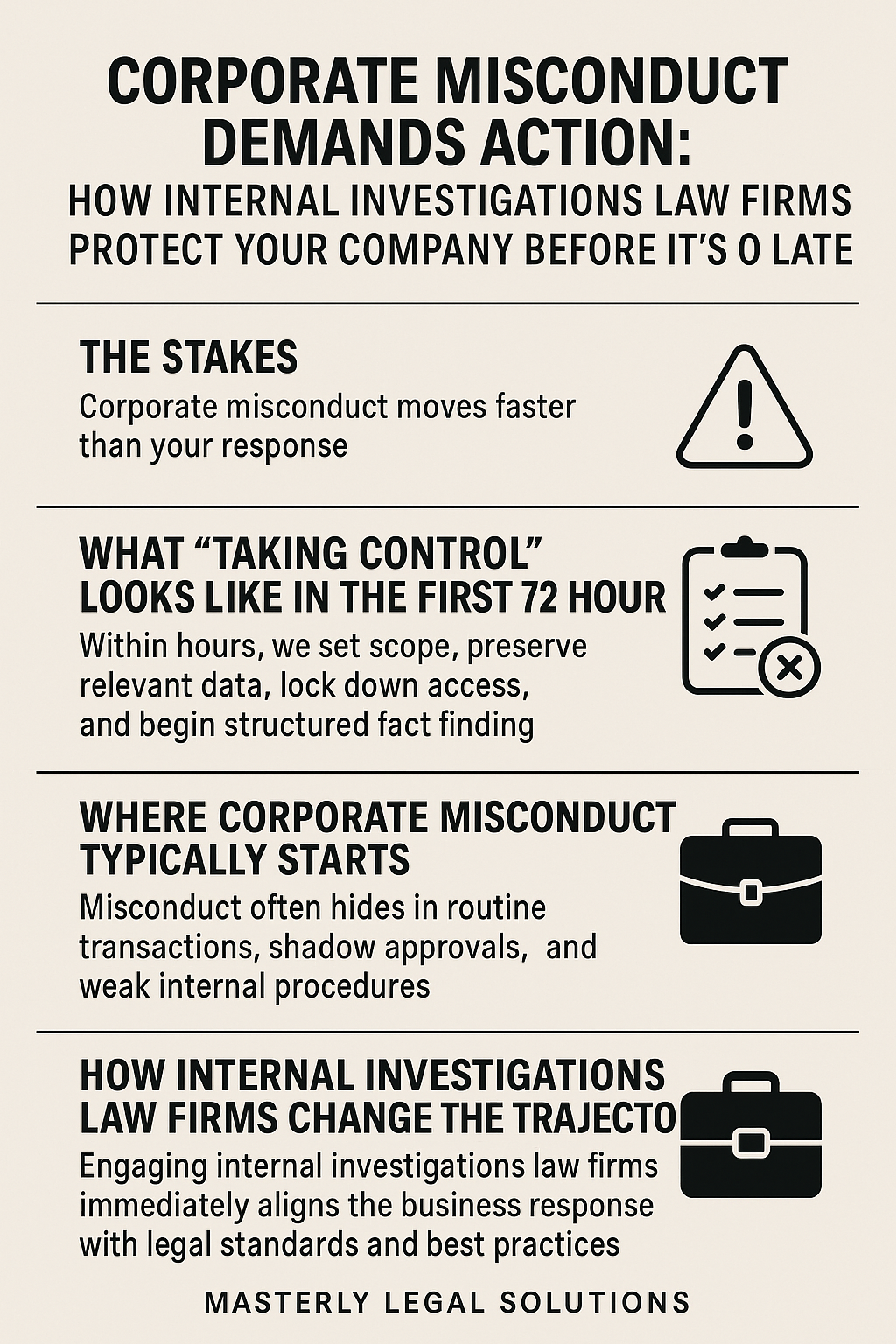 Corporate Misconduct Demands Action: How Internal Investigations Law Firms Protect Your Company Before It’s Too Late.” The design uses black icons and text on a beige background. Sections include: “The Stakes” with a warning triangle icon, “What Taking Control Looks Like in the First 72 Hours” with a checklist icon, “Where Corporate Misconduct Typically Starts” with a briefcase icon, and “How Internal Investigations Law Firms Change the Trajectory” with another briefcase icon. The infographic ends with the firm name “Masterly Legal Solutions” in bold text.