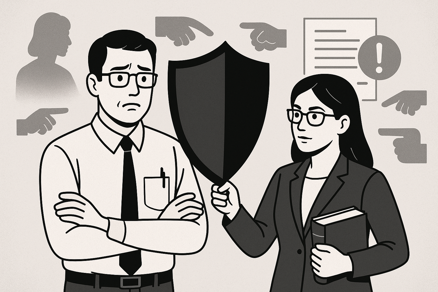 A concerned male teacher stands beside a composed female lawyer holding a large shield to protect him. The grayscale illustration shows the lawyer defending the teacher from pointing fingers and accusation symbols in the background, symbolizing legal protection and advocacy for educators facing misconduct allegations.