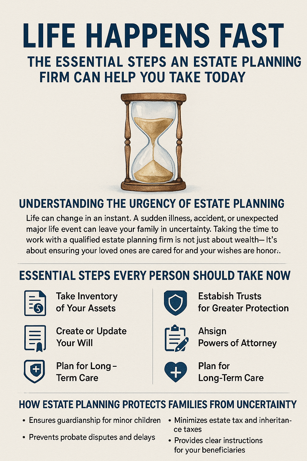 Life Happens Fast: The Essential Steps an Estate Planning Firm Can Help You Take Today.” It features an hourglass at the center, representing the urgency of estate planning. Below, sections outline key topics: the importance of estate planning, five essential steps such as taking inventory of assets and assigning powers of attorney, and how estate planning protects families from uncertainty with bullet points highlighting tax reduction, clear beneficiary instructions, and guardianship for minor children. The design uses professional blue and beige tones for a trustworthy, calm appearance.