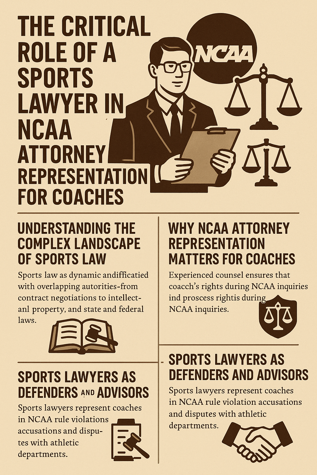 The Critical Role of a Sports Lawyer in NCAA Attorney Representation for Coaches.” It features a professional male lawyer holding a clipboard, the NCAA logo, and scales of justice icons. The infographic is divided into sections explaining sports law, NCAA representation for coaches, and the dual role of sports lawyers as defenders and advisors. The background is beige with dark brown text and icons, giving it a professional and authoritative look.