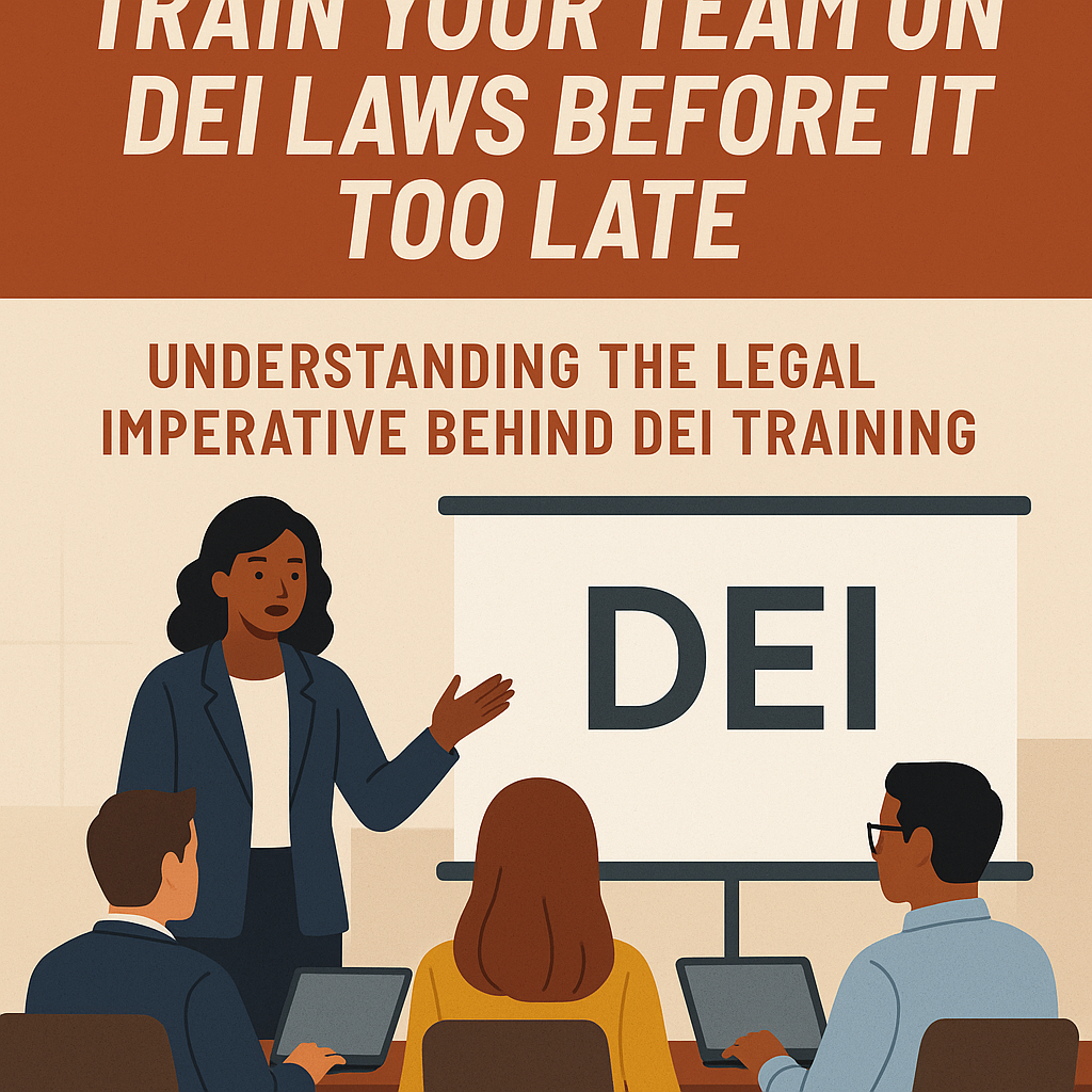 A professional illustration shows a diverse group of employees in a corporate meeting while a female presenter leads a DEI (Diversity, Equity, and Inclusion) training. The text above reads, ‘Don’t Wait for a Lawsuit: Train Your Team on DEI Laws Before It’s Too Late,’ and below it says, ‘Understanding the Legal Imperative Behind DEI Training.’ The scene emphasizes workplace diversity and legal compliance education.