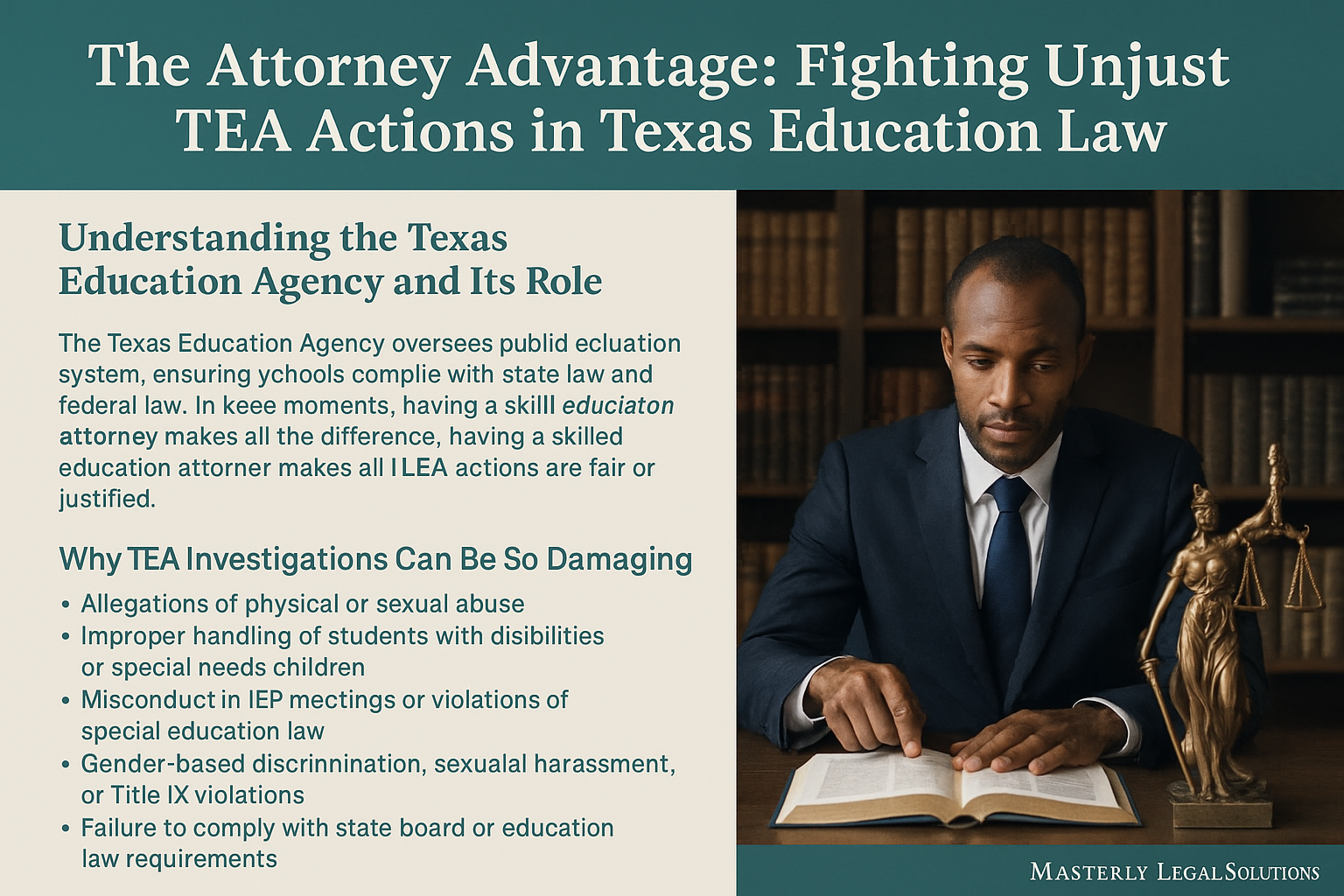 An African American attorney in a navy suit studies a legal book beside a Lady Justice statue, with text about fighting unjust Texas Education Agency actions under the title ‘The Attorney Advantage: Fighting Unjust TEA Actions in Texas Education Law,’ highlighting key points on TEA investigations, education law, and teachers’ rights.