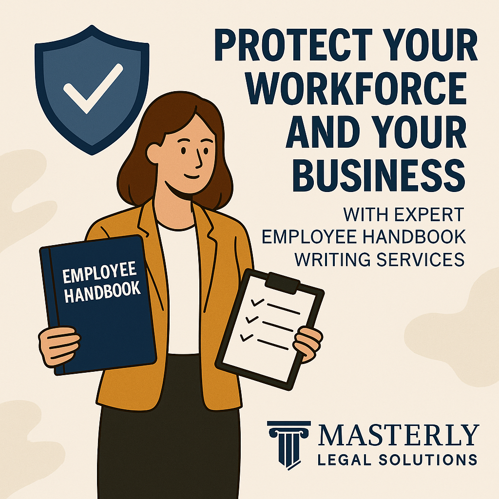 Protect Your Workforce and Your Business with Expert Employee Handbook Writing Services,” alongside the Masterly Legal Solutions logo. The design uses blue and beige tones for a trustworthy and professional look.