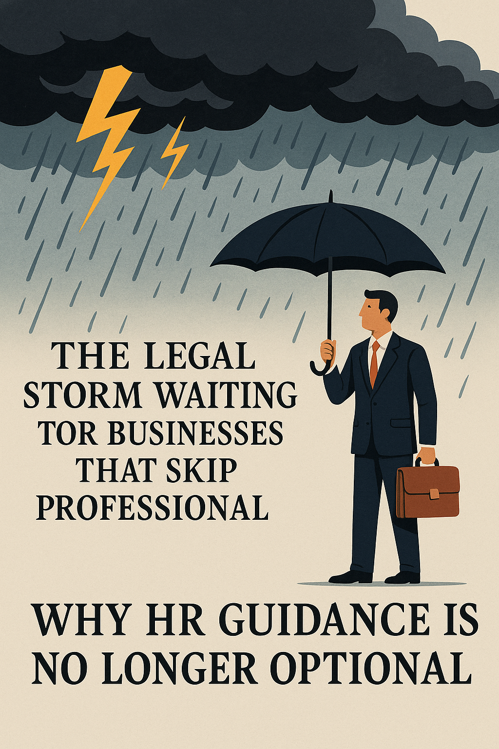 Illustration of a businessman in a suit holding a briefcase and an umbrella, standing under dark storm clouds with lightning and heavy rain. The text reads: