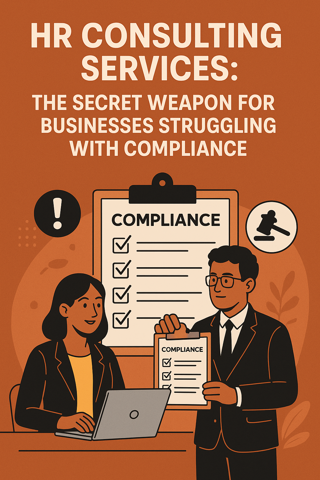 Illustration showing two HR consultants in business attire reviewing compliance checklists in an office setting. The background includes a large clipboard labeled ‘COMPLIANCE’ with checkmarks and icons of a gavel and exclamation mark, symbolizing legal and regulatory adherence. Text above reads ‘HR Consulting Services: The Secret Weapon for Businesses Struggling with Compliance.