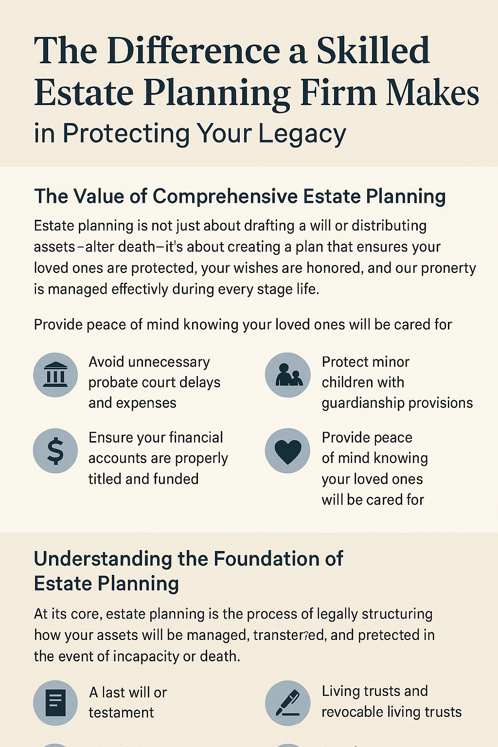 The Difference a Skilled Estate Planning Firm Makes in Protecting Your Legacy.” It features blue and beige tones with sections explaining the value of comprehensive estate planning and understanding its foundation. Icons illustrate benefits such as avoiding probate delays, protecting minor children, ensuring proper account titling, and providing peace of mind. The design conveys professionalism, trust, and clarity.