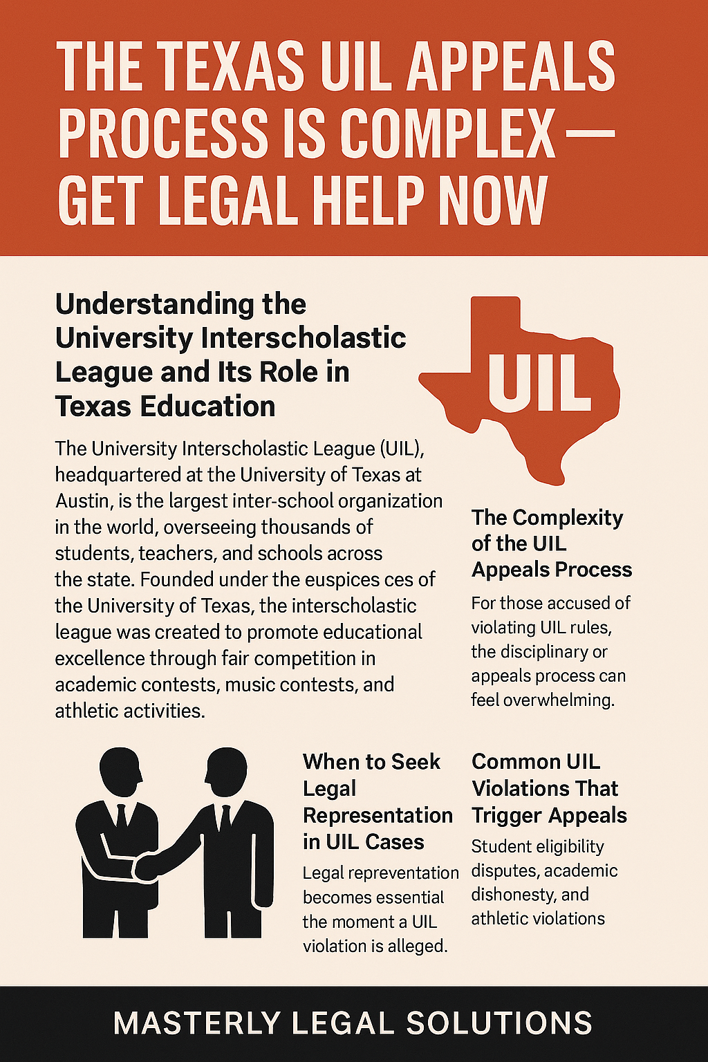 The Texas UIL Appeals Process Is Complex — Get Legal Help Now” by Masterly Legal Solutions. It explains the role of the University Interscholastic League (UIL) in Texas education and highlights the importance of legal representation in UIL cases. The design uses red, black, and cream colors, featuring icons of people shaking hands, a Texas state outline labeled “UIL,” and text boxes summarizing key points about the complexity of the appeals process and common UIL violations such as eligibility disputes and academic dishonesty.