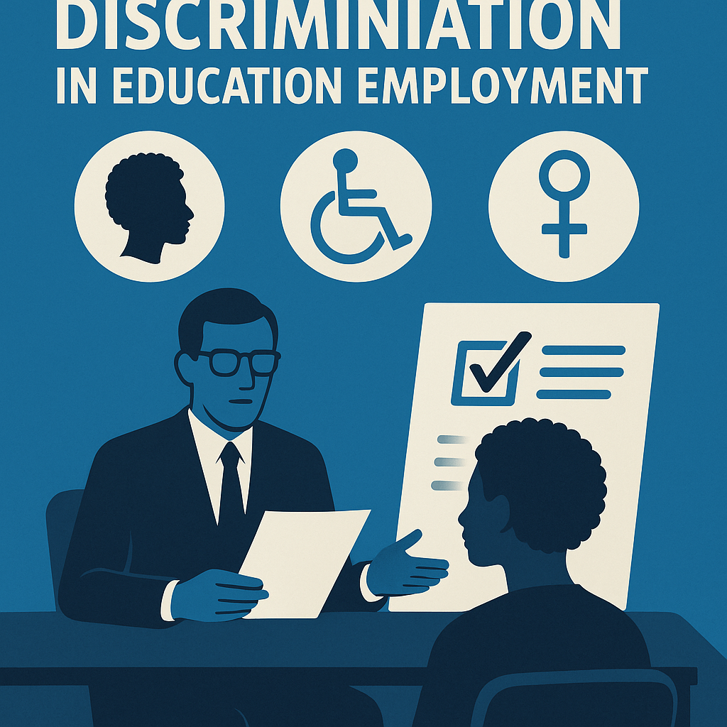 Illustration showing a lawyer consulting a teacher about discrimination in education employment. Icons above represent race, disability, and gender equality. The design uses blue and white tones, symbolizing fairness and advocacy in education law.