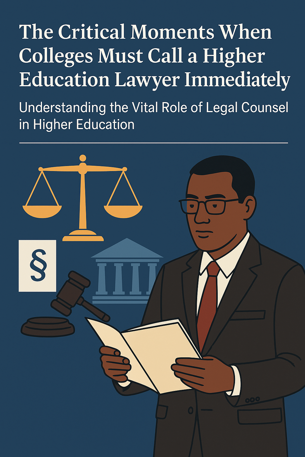 Illustration of a professional higher education lawyer standing with a book in hand, surrounded by legal symbols including the scales of justice, a gavel, a courthouse, and a legal paragraph symbol. The background is dark blue with white and gold accents, and the title text reads ‘The Critical Moments When Colleges Must Call a Higher Education Lawyer Immediately – Understanding the Vital Role of Legal Counsel in Higher Education.