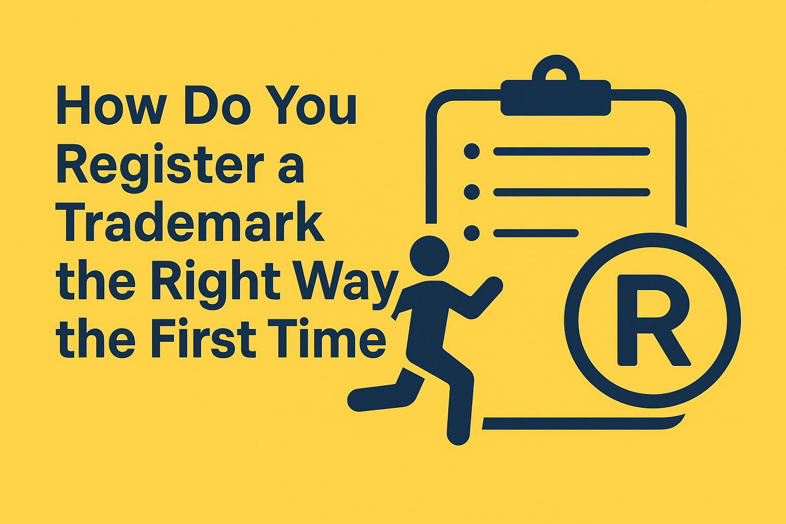 How Do You Register a Trademark the Right Way the First Time,' featuring a checklist, registered trademark symbol, and running figure on a yellow background.