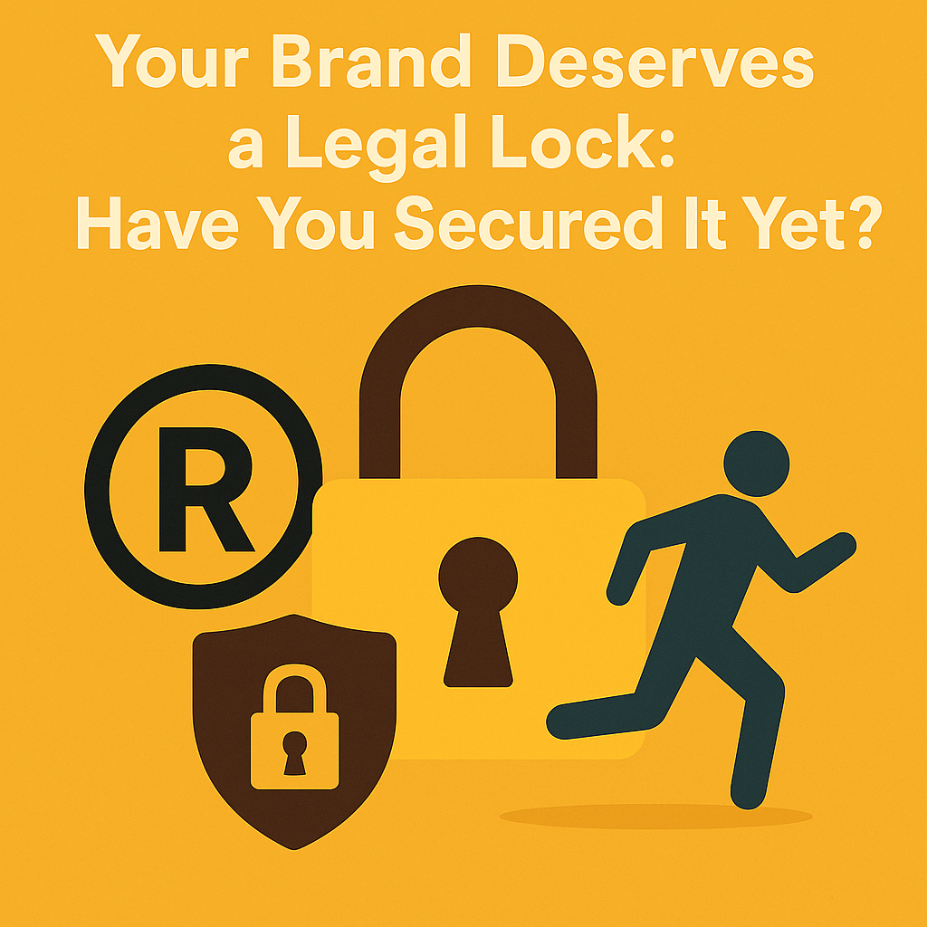 Your Brand Deserves a Legal Lock: Have You Secured It Yet?' featuring a large padlock, registered trademark symbol, and shield icon symbolizing brand protection.