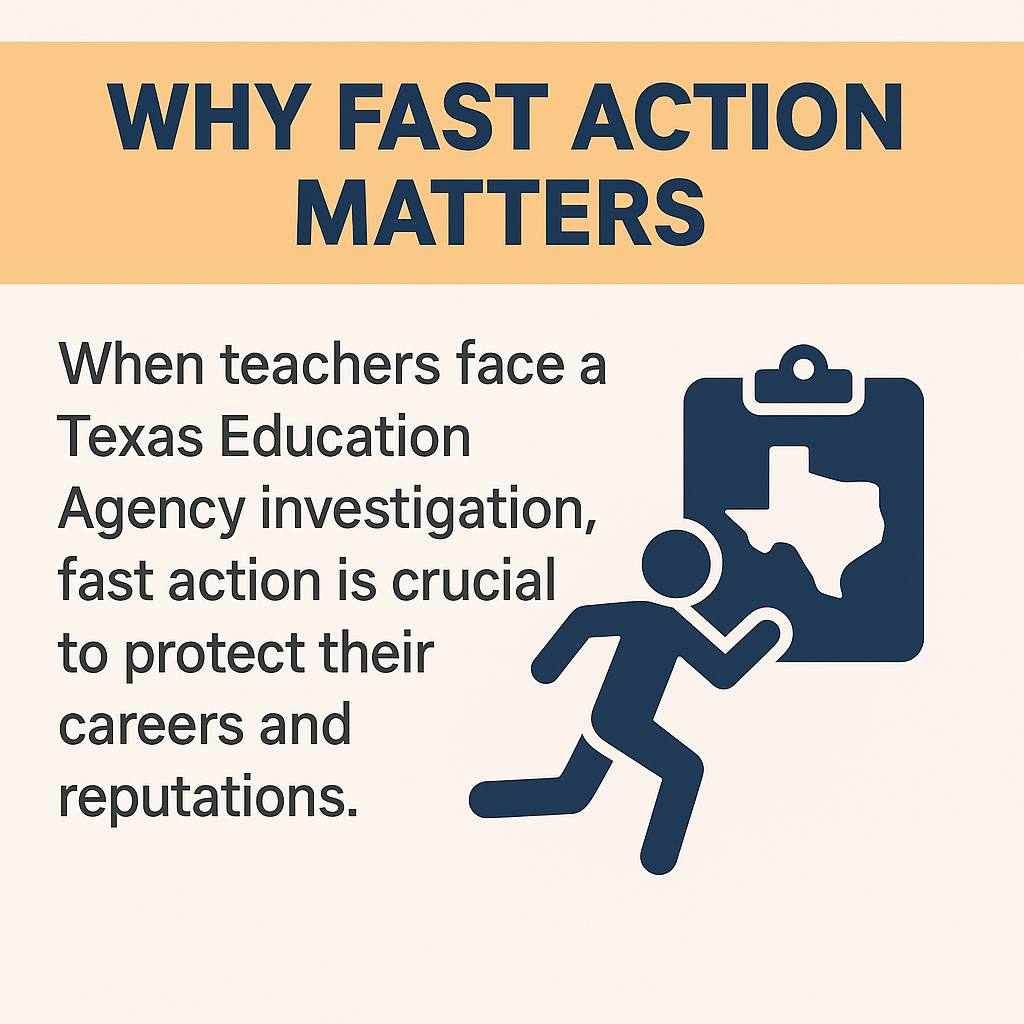 Infographic titled 'Why Fast Action Matters' showing a running figure beside a clipboard with the Texas outline, emphasizing urgent action during TEA investigations.