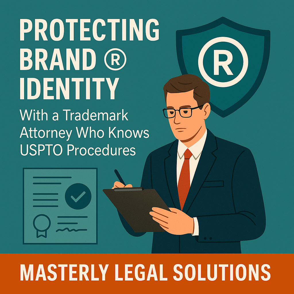Promotional graphic for Masterly Legal Solutions featuring a male attorney in a suit holding a clipboard. Text reads 'Protecting Brand Identity With a Trademark Attorney Who Knows USPTO Procedures.' A shield with a registered trademark symbol appears in the background, along with a certificate icon. Bottom banner highlights 'Masterly Legal Solutions' in bold.