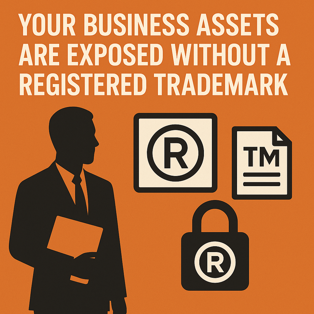Your Business Assets Are Exposed Without a Registered Trademark.” Below the text, icons depict trademark protection: a registered trademark symbol inside a square, a TM document, and a padlock with the ® symbol. On the left, a silhouette of a businessperson in a suit holds a folder, symbolizing professional brand protection.