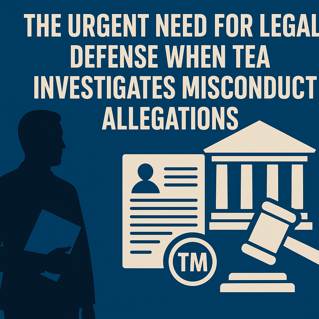 The Urgent Need for Legal Defense When TEA Investigates Misconduct Allegations.” On the left, a silhouette of a man in a suit holds a folder. To the right, legal and educational icons include a courthouse, a gavel, and a document with a profile image, symbolizing investigations and hearings.